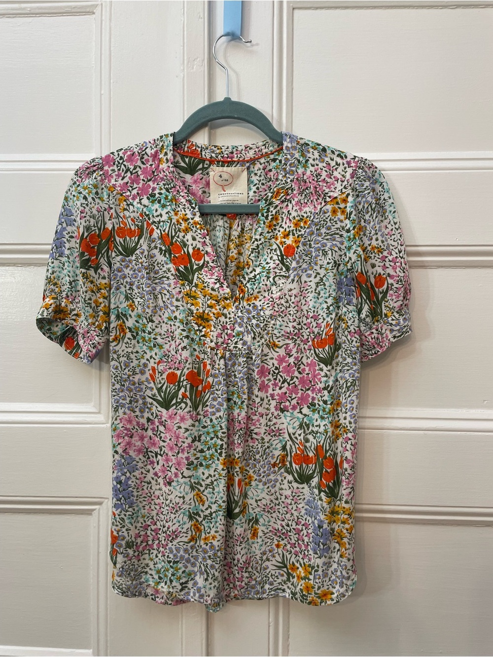 Anthropologie Floral Short-Sleeve V-Neck Blouse - Multicolor